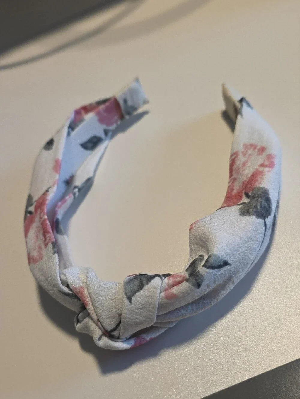 Floral Knot Top Headband — White with Pink & Gray Flowers